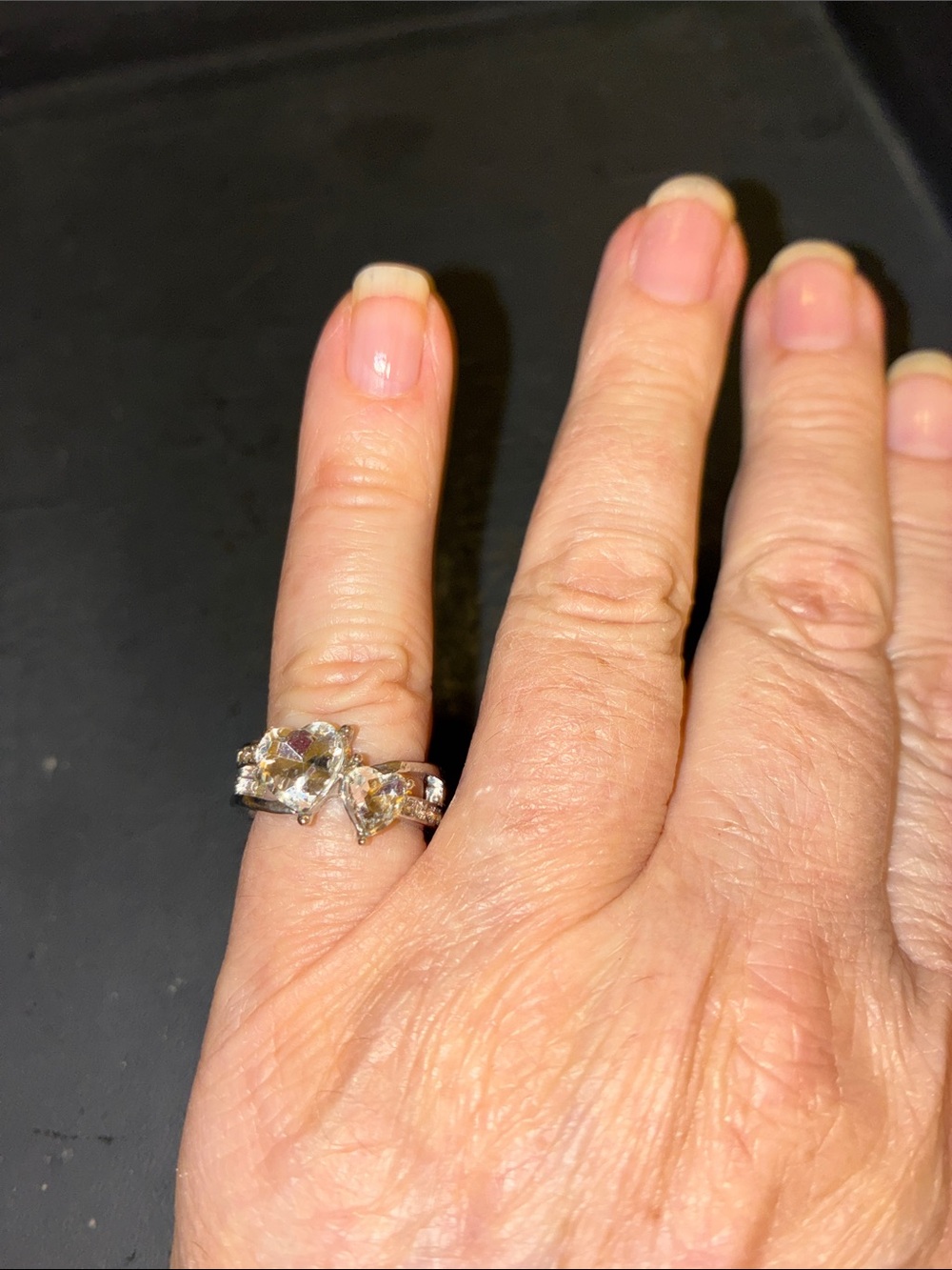 Silver-Tone Clear Crystal Double Heart Stretch Ring - White